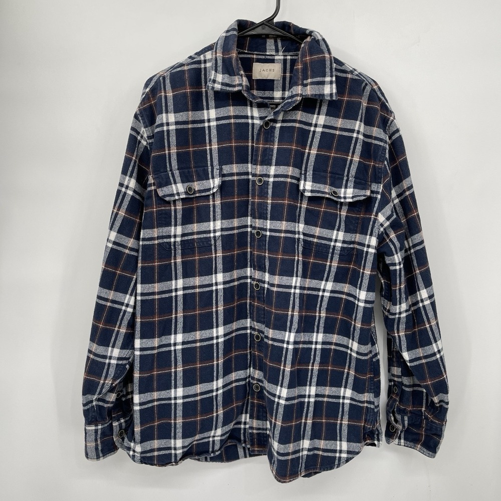 Jachs XL Flannel Button Down Shirt Womens Navy Blue Plaid Long Sleeve Cotton